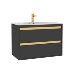 Royal Bathrooms 800mm Matt Obsidian Black 2 Drawer Wall Hung Vanity Unit With Carrara White Basin & Brushed Brass Accent Trim - thumbnail 7