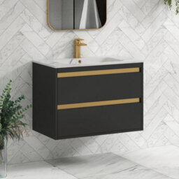 Royal Bathrooms 800mm Matt Obsidian Black 2 Drawer Wall Hung Vanity Unit With Carrara White Basin & Brushed Brass Accent Trim - thumbnail 6