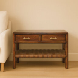 Artisan Furniture Solid Wood Regency Woven Console Table With 4-Drawers, Open Storage, Dark Brown - thumbnail 1