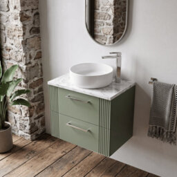 Balterley Belvide Partial Fluted 2 Drawer Wall Hung Vanity Unit With Carrera Marble Laminate Worktop - 600mm - Satin Green - thumbnail 3