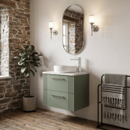 Balterley Belvide Partial Fluted 2 Drawer Wall Hung Vanity Unit With Carrera Marble Laminate Worktop - 600mm - Satin Green - thumbnail 4