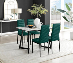 Furniturebox Uk Carson White Marble Effect Dining Table & 4 Green Velvet Milan Black Leg Chairs