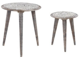 Wyld And Coco Luxecraft Grey-White Mango Wood Pair Of Round-Top Side Tables With Carved Floral Pattern - thumbnail 3