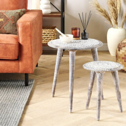 Wyld And Coco Luxecraft Grey-White Mango Wood Pair Of Round-Top Side Tables With Carved Floral Pattern - thumbnail 2