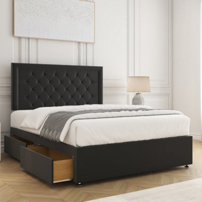 Bsspoke Nova Divan Bed Set Black Plush Velvet 24Inch Chesterfield Headboard 2 Drawers Same Side & Mattress In All Sizes - image 1