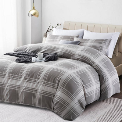 Bedlooms Grey Checked Printed Duvet Cover Set, Reversible & Hypoallergenic Bedding Pack, Double 200X200Cm