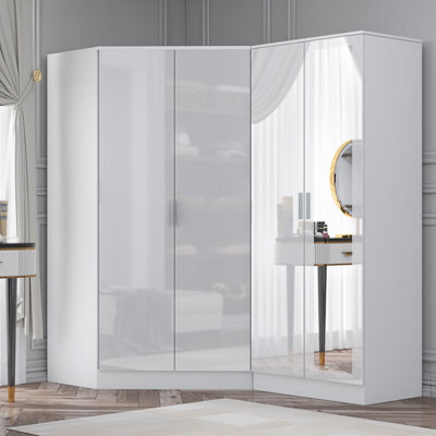 Reflect 2Pc Wardrobe Bundle - 2 Door Corner + 2 Door Mirror - White Gloss & Matt White - H: 180Cm X W: 179Cm X D: 103Cm - image 1