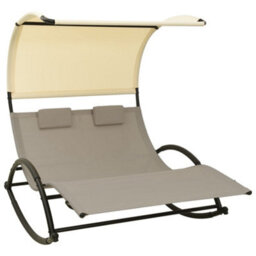 Berkfield Double Sun Lounger With Canopy Textilene Taupe And Cream