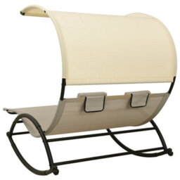 Berkfield Double Sun Lounger With Canopy Textilene Taupe And Cream - thumbnail 4