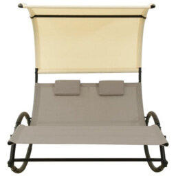 Berkfield Double Sun Lounger With Canopy Textilene Taupe And Cream - thumbnail 2