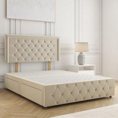 Bsspoke Lena Divan Bed Cream Plush Velvet 24Inch Headboard & Footboard No Mattress No Drawers In Single Double King 4Ft 6Ft - image 1