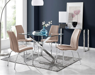 Furniturebox Uk Leonardo Glass And Chrome Metal Dining Table And 4 Cappuccino Beige Isco Chairs Set - image 1