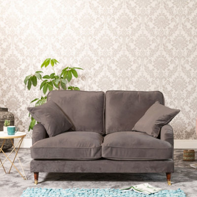 Mackenzie 150Cm Wide Mole Taupe 2 Seat Velvet Fabric Sofa With Brass Coloured Wheel Tipped Walnut Coloured Wooden Legs