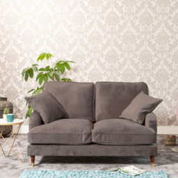 Mackenzie 150Cm Wide Mole Taupe 2 Seat Velvet Fabric Sofa With Brass Coloured Wheel Tipped Walnut Coloured Wooden Legs