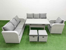 Fimous 9 Seater Poly Rattan Outdoor Garden Furniture Rectangular Dining Table Sofa Set 3 Seater Sofa Stools Light Grey - thumbnail 2