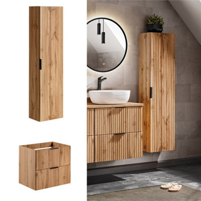 Impact Furniture Oak Bathroom Furniture Floating Set Wall Hung Vanity 600mm Tall Storage Unit Ribbed Fluted Oak Effect - Adel - image 1