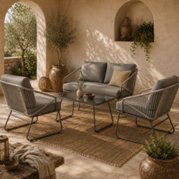 Wyld Haus Yoma Grey 4-Seater Rattan Outdoor Sofa Set - Loveseat, 2 Armchairs, Glass-Top Coffee Table - thumbnail 1