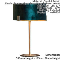 Table Lamp Matt Antique Brass Plate & Green Velvet 10W Led Bedside Light - thumbnail 2