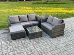 Fimous Pe Rattan Garden Furniture Sets 6 Seater Outdoor Lounge Sofa Set Square Coffee Table Big Footstool Side Table - thumbnail 2
