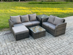 Fimous Pe Rattan Garden Furniture Sets 6 Seater Outdoor Lounge Sofa Set Square Coffee Table Big Footstool Side Table - thumbnail 1
