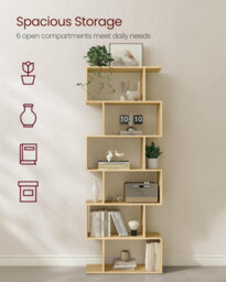 Songmics Tall Bookcase, Open Display Shelf Unit, Modern Room Divider, Freestanding Storage Organizer, Natural Oak - thumbnail 3