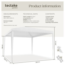 Tectake Gazebo Farah-  Water Resistant, Plug-In System, 3X3M 300 X 300 X 250 Cm - White - thumbnail 6
