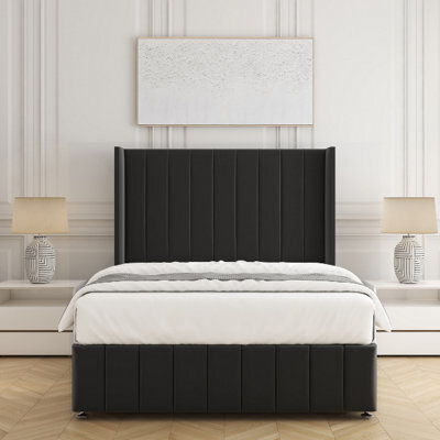 Bsspoke Zoe Divan Bed Set Black Plush With 54Inch Wingedback Headboard & Footboard  Mattress & No Drawers In All Sizes - image 1