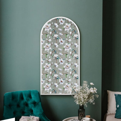 Mirroroutlet The Typis White Metal Edged Arch Wall Mirror With White Flower Decals 120Cm X 60Cm - image 1