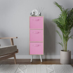 Urbn-Living Urbnliving 80Cm Height 3 Tier Oak Wooden Storage Bookcase Scandinavian Style White Legs With Light Pink Inserts - thumbnail 3