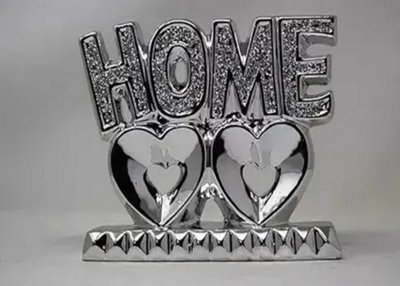 Deenz Home Double Heart Crystal Ornament Silver With Crushed Jewel Diamond Design Rectangular Base Gift Item Home Decor 16X8X20 Cm