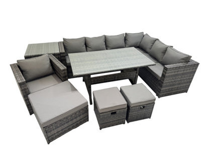 Fimous Rattan Garden Furniture Set Outdoor 10 Seater Patio Corner Sofa Sets With Table Chair Big Stool Side Table Dark Grey Mixed - image 1