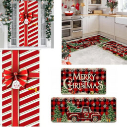 CLEFFNS Christmas Decorative Floor Mat Set 90X180Cm Gift Box Door Banner And 40X60Cm Santa Snowman Kitchen Rug For Front Door Decoration - thumbnail 1