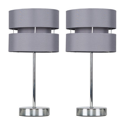 Valuelights Pair Of Modern Silver Chrome Bedside Table Lamps With Grey Shades - image 1