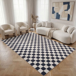 The Rugs Loft Navy And Ivory Checkerboard Living Room Area Rug And Runners Soft Pile - thumbnail 3