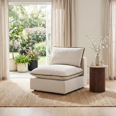 Furniturebox Uk Echo Cream & Green Trim Linen-Look Fabric Armless Armchair For Modular Sofa - image 1
