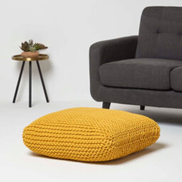 Homescapes Yellow Square Cotton Knitted Pouffe Floor Cushion - thumbnail 2