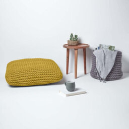 Homescapes Yellow Square Cotton Knitted Pouffe Floor Cushion - thumbnail 6