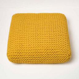 Homescapes Yellow Square Cotton Knitted Pouffe Floor Cushion - thumbnail 3