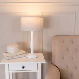 Valuelights Victoria Traditional White Wood Candlestick Table Lamp With Grey Drum Shade