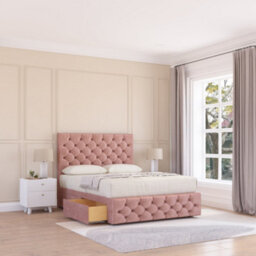 "Sloomy 5Ft Watson Divan Bed Base Pink Plush ,no Drawers, 12"" Footboard & 26"" Struts Headboard - King" - thumbnail 1