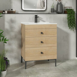 Royal Bathrooms Royal Bathroom Verona 600mm Natural Oak 3-Drawer Floor Standing Bathroom Vanity Unit With Ceramic Basin & Matt Black Knob