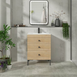 Royal Bathrooms Royal Bathroom Verona 600mm Natural Oak 3-Drawer Floor Standing Bathroom Vanity Unit With Ceramic Basin & Matt Black Knob - thumbnail 4