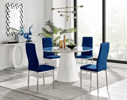 Furniturebox Uk Palma White Marble Effect Round Dining Table & 4 Navy Velvet Milan Chairs
