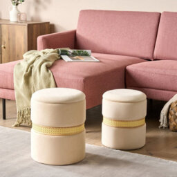 Beliani Beige Velvet Pouffes Set Of 2 With Storage And Rattan Band, Round Nesting Footstools - thumbnail 2