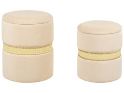 Beliani Beige Velvet Pouffes Set Of 2 With Storage And Rattan Band, Round Nesting Footstools - thumbnail 1