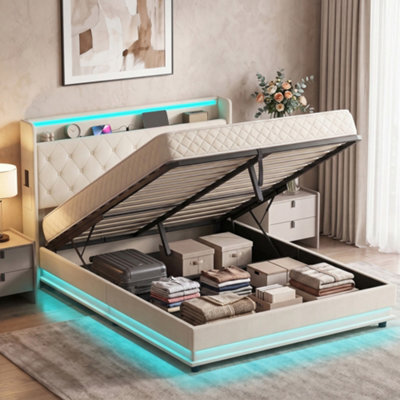 Homcom Lift Up Storage Bed Frame With Rgb Led Lights, 150 X 200Cm, White - image 1