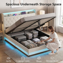 Homcom Lift Up Storage Bed Frame With Rgb Led Lights, 150 X 200Cm, White - thumbnail 4