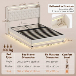 Homcom Lift Up Storage Bed Frame With Rgb Led Lights, 150 X 200Cm, White - thumbnail 3