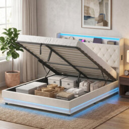 Homcom Lift Up Storage Bed Frame With Rgb Led Lights, 150 X 200Cm, White - thumbnail 2
