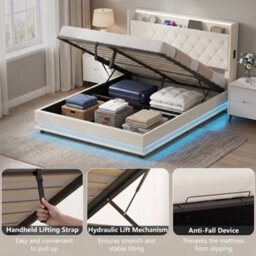Homcom Lift Up Storage Bed Frame With Rgb Led Lights, 150 X 200Cm, White - thumbnail 8